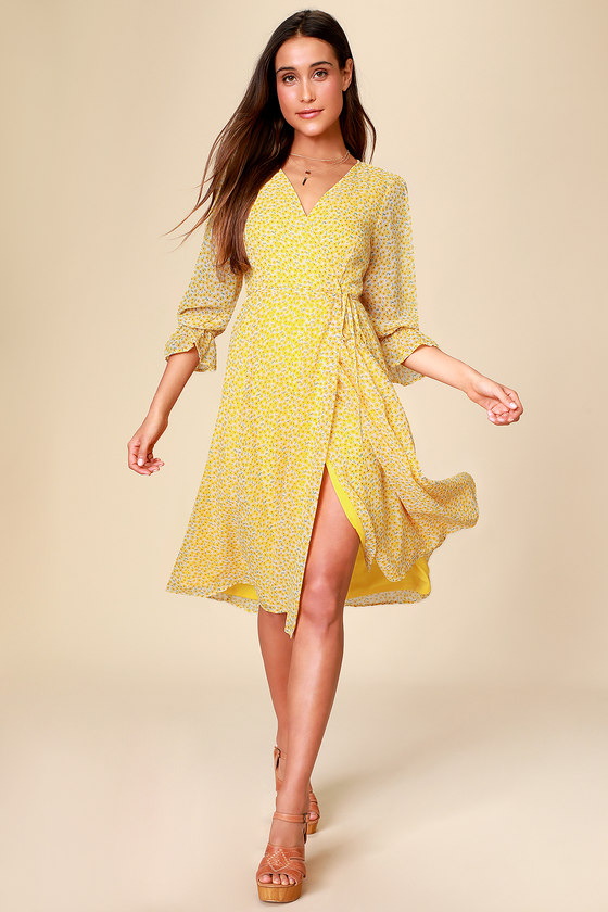 Cute Yellow Midi Dress - Wrap Midi ...